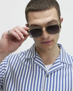Blue Regular Fit Crochet Stripe Shirt