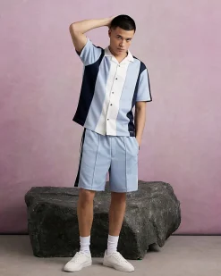 Blue Regular Fit Pique Panel Revere Shirt