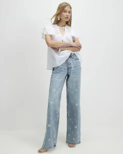 Blue Relaxed Straight Daisy Floral Jeans