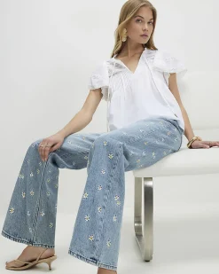 Blue Relaxed Straight Daisy Floral Jeans