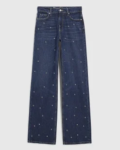 Blue Relaxed Straight Eyelet Jeans