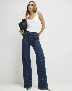Blue Relaxed Straight Eyelet Jeans