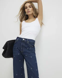 Blue Relaxed Straight Eyelet Jeans