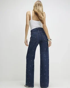 Blue Relaxed Straight Eyelet Jeans