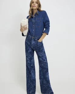 Blue Relaxed Straight Floral Print Jeans