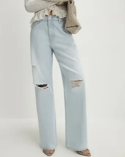 Blue relaxed straight ripped jeans