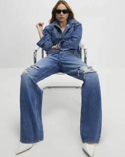 Blue Relaxed Straight Ripped Jeans