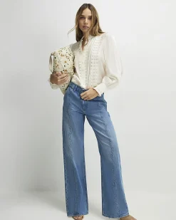 Blue Relaxed Straight Scallop Seam Jeans