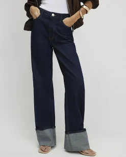 Blue Relaxed Straight Turn Up Cuff Jeans