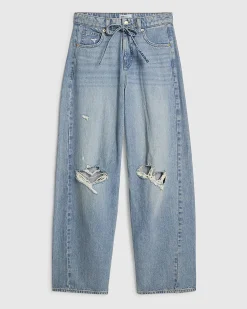 Blue Ripped Drawstring Balloon Leg Jeans