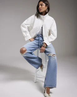 Blue Ripped Drawstring Balloon Leg Jeans