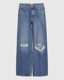 Blue Ripped Relaxed Straight Jeans