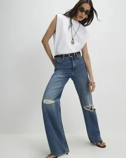 Blue Ripped Relaxed Straight Jeans