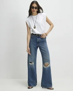 Blue Ripped Relaxed Straight Jeans