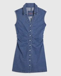 Blue Ruched Front Denim Mini Dress