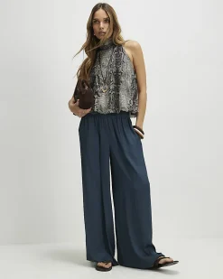 Blue Satin Elasticated Flowing Trousers