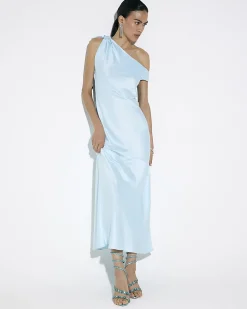 Blue Satin One Shoulder Maxi Dress