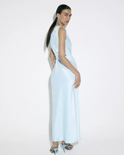 Blue Satin One Shoulder Maxi Dress