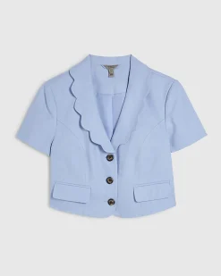 Blue Scallop Trim Linen Blend Cropped Jacket
