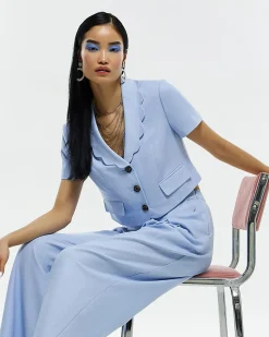 Blue Scallop Trim Linen Blend Cropped Jacket