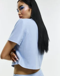 Blue Scallop Trim Linen Blend Cropped Jacket