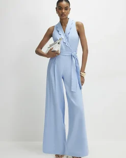 Blue Scallop Trim Linen Blend Jumpsuit