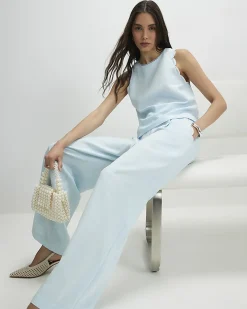 Blue Scallop Trim Wide Leg Trousers