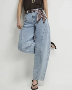 Blue Scarf Detail Seamed Barrel Leg Jeans