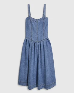 Blue Seamed Midi Denim Swing Dress