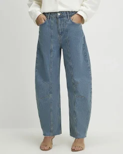 Blue Seamed Raw Hem Barrel Leg Jeans