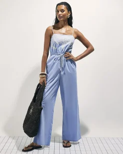 Blue Shell Embroidered Tie Waist Jumpsuit