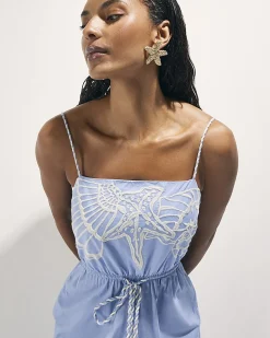 Blue Shell Embroidered Tie Waist Jumpsuit