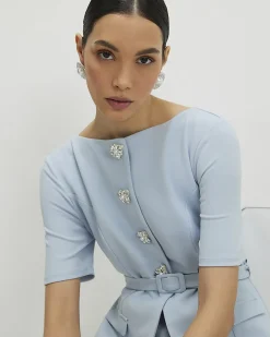 Blue Short Sleeve Diamante Button Playsuit