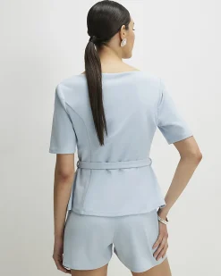 Blue Short Sleeve Diamante Button Playsuit