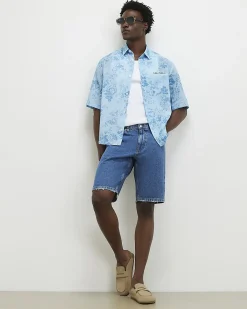 Blue Short Sleeve Floral Printed Cotton Shirt