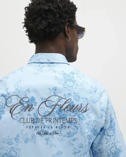 Blue Short Sleeve Floral Printed Cotton Shirt