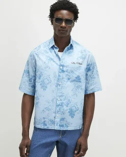 Blue Short Sleeve Floral Printed Cotton Shirt