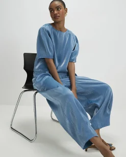 Blue Short Sleeve Shimmer Tailored Top