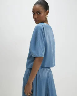 Blue Short Sleeve Shimmer Tailored Top