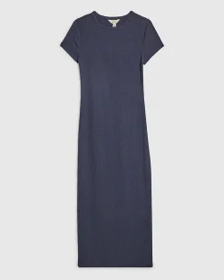 Blue Short Sleeve Textured Midi Dress