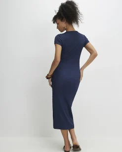Blue Short Sleeve Textured Midi Dress