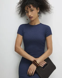 Blue Short Sleeve Textured Midi Dress