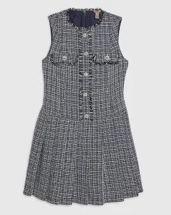Blue Sleeveless Boucle Pleated Hem Mini Dress