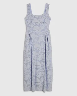 Blue Sleeveless Devore Burnout Midi Dress