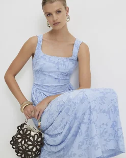 Blue Sleeveless Devore Burnout Midi Dress