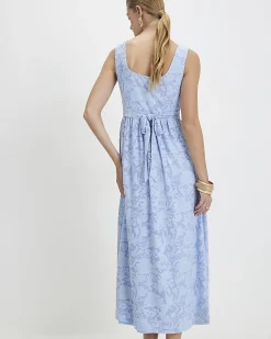 Blue Sleeveless Devore Burnout Midi Dress