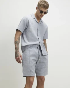 Blue Slim Fit Jacquard Textured Shorts