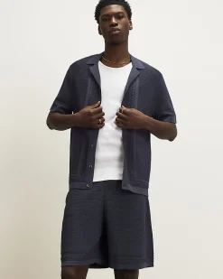 Blue Slim Fit Textured Knitted Shirt