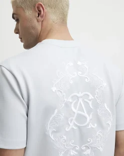Blue Slim Fit Twill AS Embroidered T-Shirt