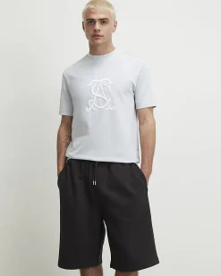 Blue Slim Fit Twill AS Embroidered T-Shirt